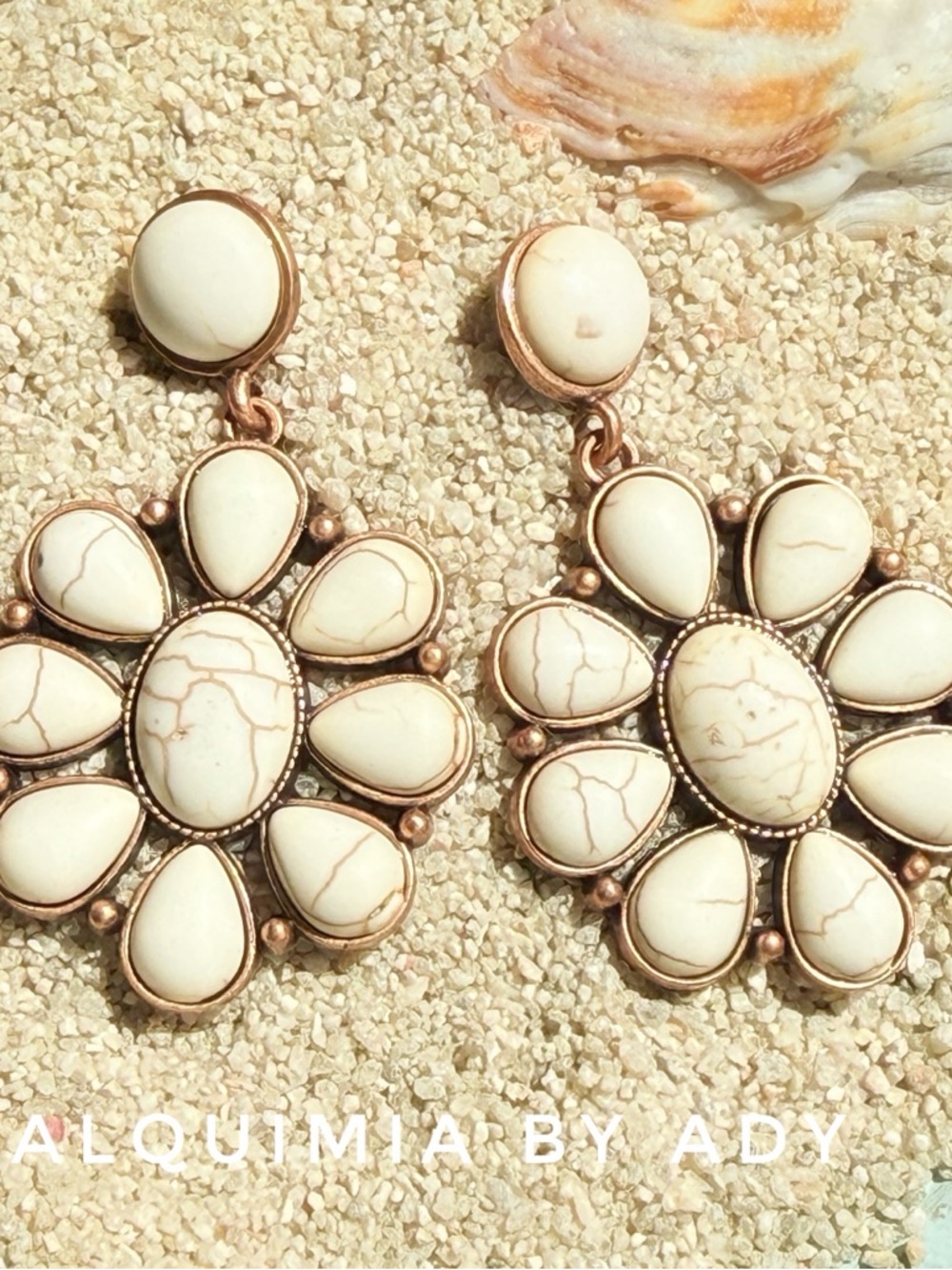 MONUMENTAL Cream TURQUOISE and Gold Floral Drop Earrings